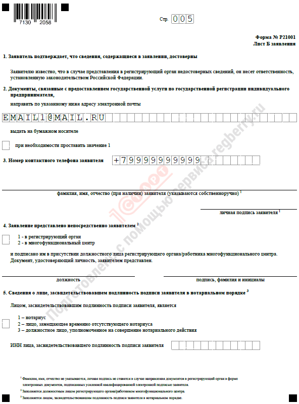 Образец заполнения листа Б формы Р21001 для ИП, гражданина РФ